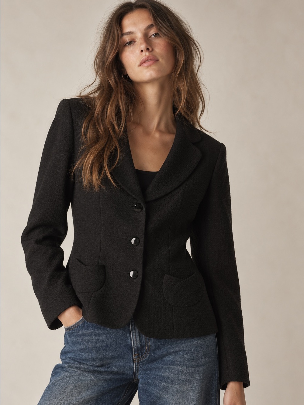 Kim Rogers Black Blazer Size 14 Textured Tailored Button Front | dark academia